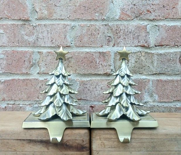 Metal Brass-Tone Christmas Tree Stocking Hangers