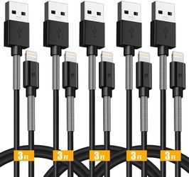 iPhone Lightning Cable 5-Pack (3ft) Spring Protect Mfi Certified Compatible for iPhone XS/Max/XR/X/8/8Plus/7/7P/6S/iPad/iPod/IOS