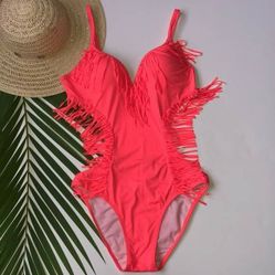 Orange fringe one piece swimsuit bathingsuit Size XS