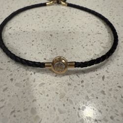 14k Gold Detail Leather Braided Band Cz Gem Stone Anklet 