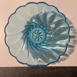 Vintage Blue Turquoise Glass Swirl Hazel Atlas Capri Seashell 9” Bowl