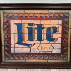 Vintage Miller Lite Beer Plastic Stained Glass Wood Frame Bar Light 21x16x5”