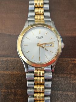 Vtg Pulsar V733-X001 Men's 2-Tone | White Dial Day-Date | New Batt| Seiko Mvmt