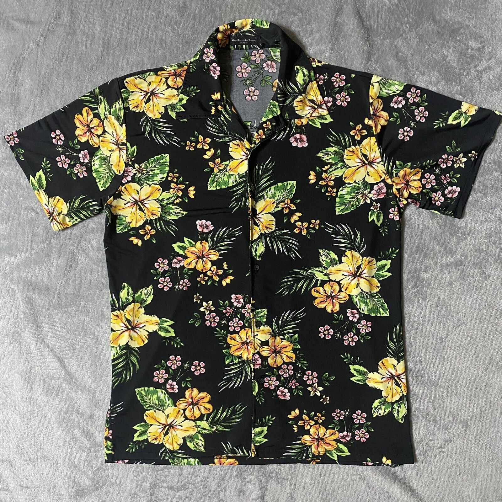 Large WEIV Los Angeles Hawaiian Shirt Black Floral Super Stretch Visionary Men
