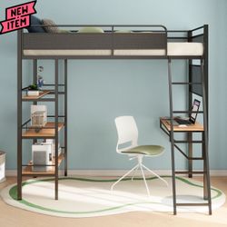 3 - Shelf Metal Twin Loft Bed With A Twin Mattress Included 