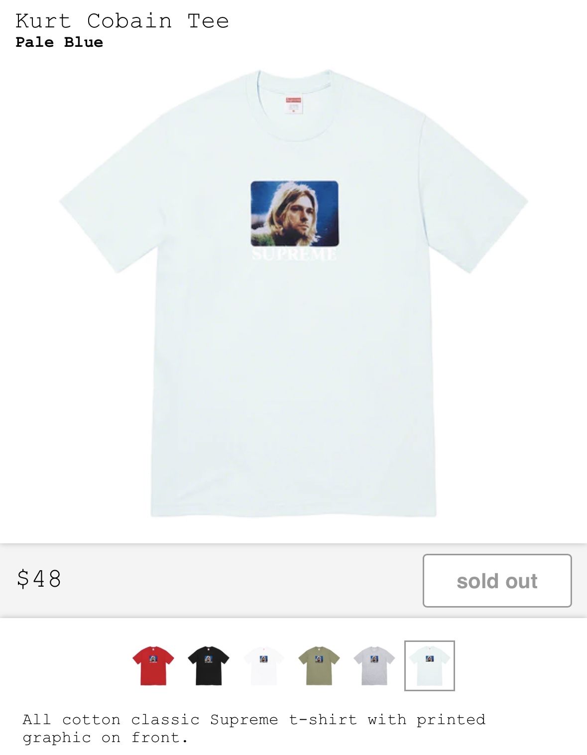 Supreme Kurt Cobain Tee Shirt Pale Blue XL SS23 for Sale in Los