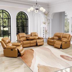 Carmel Brown Leather Fully Reclining Couch Set