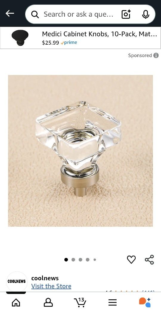 20 Square Glass Clear Cabinet Knob