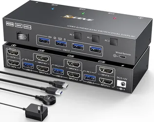 KVM Switch 2 Monitors 3 Computers HDMI 4K@60Hz EDID Simulation Dual Monitor KVM Switch for 3 Computers Share 2 Monitors and Keyboard Mouse Printer, Wi