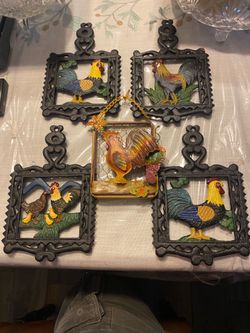 Cast Iron Trivets & hanging rooster