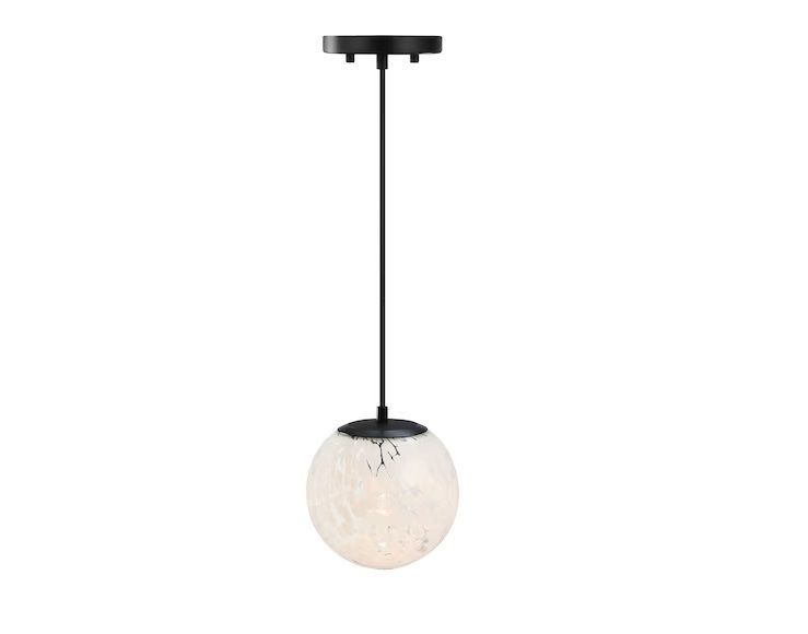NEW! DESIGNERS FOUNTAIN 1-Light Pendant in Matte Black and 12″ White Art Glass