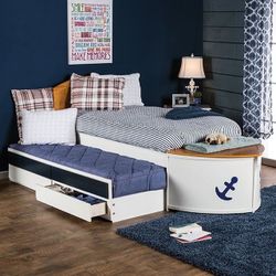 BOAT DESIGN TWIN SIZE BED STORAGE DECK TRUNDLE DRAWERS - CAMA BARCO