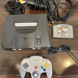 Nintendo 64 Console with cords, controller and Mario Kart 64