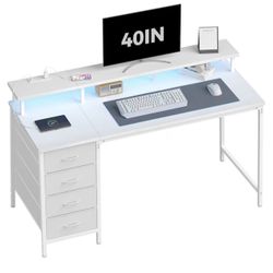 Brand New In The Box- Computer Desk, 4 Drawer Gaming Desk with Power Outlets and LED Lights, Office Desk for Small Spaces with Monitor Shelf,Writing D