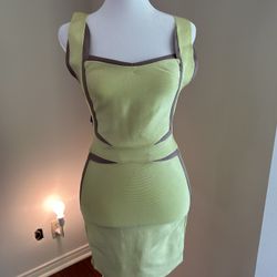 Bandage mini dress  Bodycone low cut rectangular shape neck party dress lite pastel green & accent of Grey