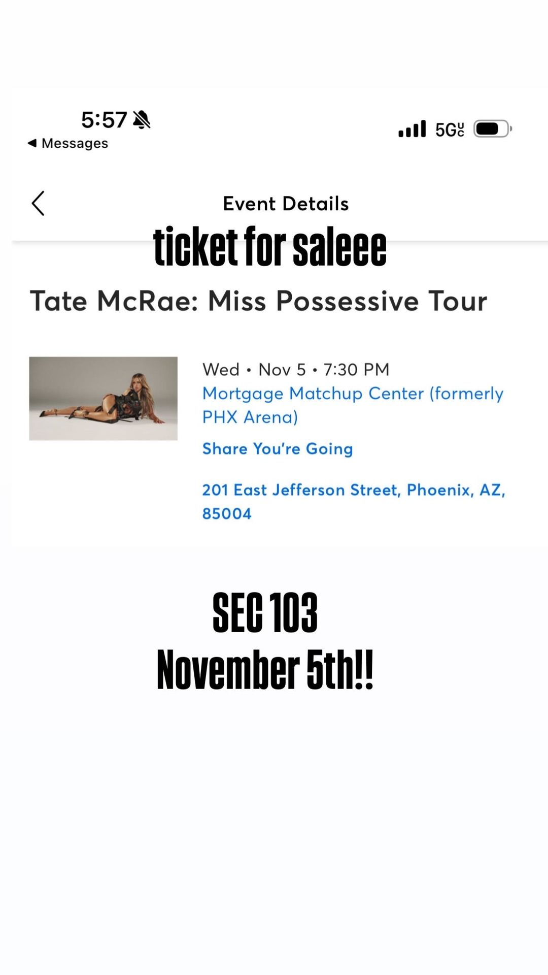 TATE MCRAE CONCERT TICKET TONIGHT 