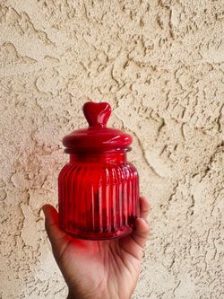Red Ribbed Glass Jar with Heart Lid