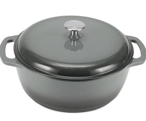 Amazon Basics Enameled Cast Iron Dutch Oven Pot with Lid, Round, Dual Handles, Heavy-Duty, Oven Safe for Stews, Roasting, Baking,6-Quart, Gray