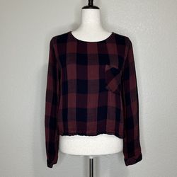 Anthropologie Cloth & Stone Gauze Plaid Lace Back Blouse Top, Sz Small