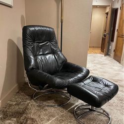 Vintage MCM Ekornes Leather Danish Stressless Chair and Ottoman