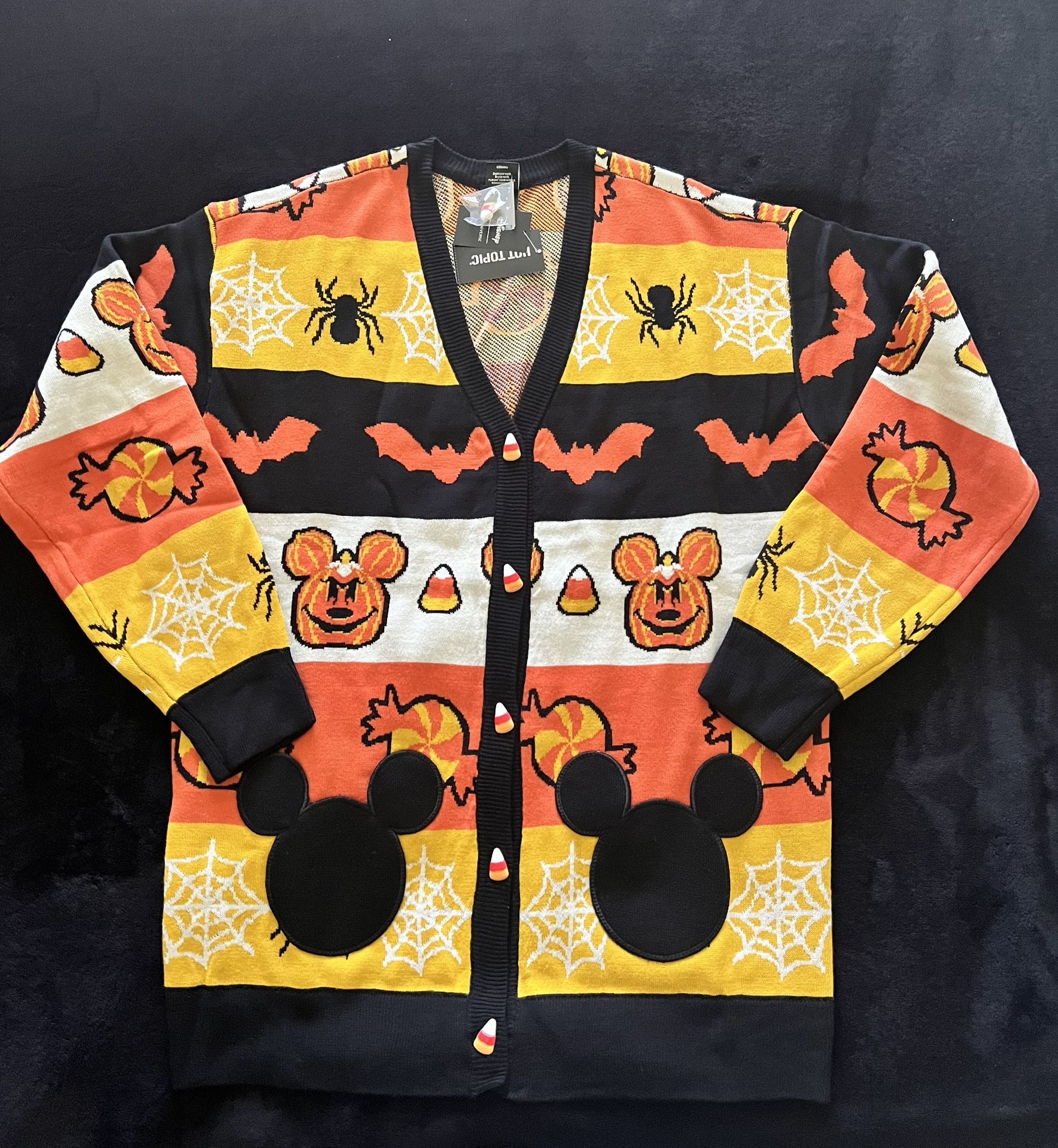 NEW! Hot Topic Disney Mickey Mouse Halloween Pumpkin Candy Corn Cardigan 2023