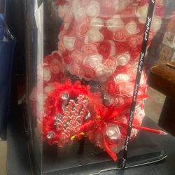 Valentines Flower Bear With Heart Pen That Says Happy Valentine’s Day