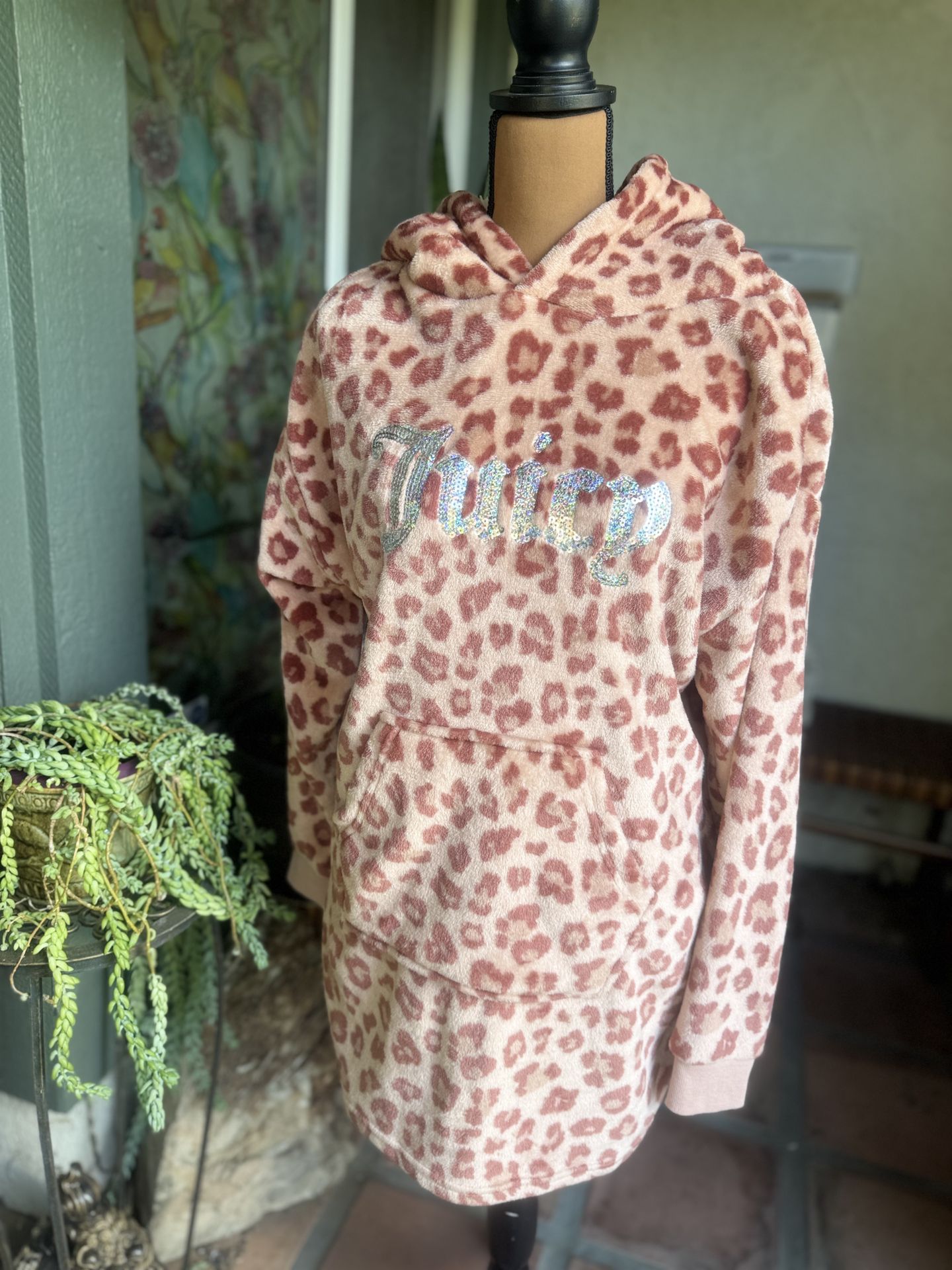 Juicy Couture Rhinestone Logo Sherpa Hoodie Lounger- Leopord Print