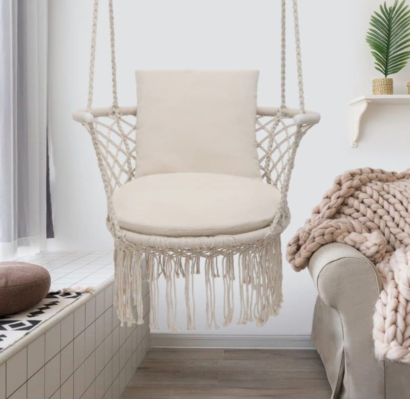 MoNiBloom Hammock Chair, Hanging Swing with Macrame and Cushion, Hanging Cotton Rope Chair for Indoor Outdoor Bedroom Patio Yard Deck Garden and Porch