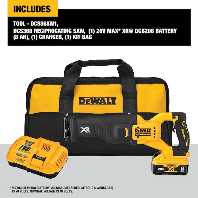DCS368W1 DEWALT XR POWER DETECT 20vMax Variable Speed Brushless Recip Saw w 8Ah battery & charger