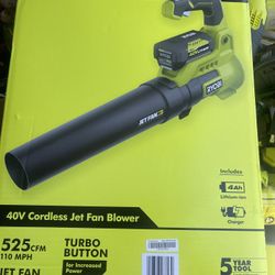RYOBI 40V 110 MPH 525 CFM Cordless Battery Variable-Speed Jet Fan Leaf Blower with 4.0 Ah Battery and Charger