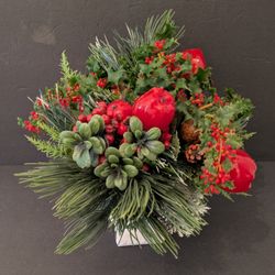 Christmas Flowers Artificial Festive Red Green mMilk Glass Pedestal Vase 