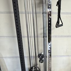 Bells Of Steel Multi Function Cable tower machine with landmine attachment, 45lb Barbell and 2x35 weight plates. 