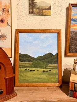 The Golden Hour Grazing Acrylic Painting Painted on a 11x14 canvas panel in matte. Framed in a vintage wood frame. Shipping or local pickup Artist: