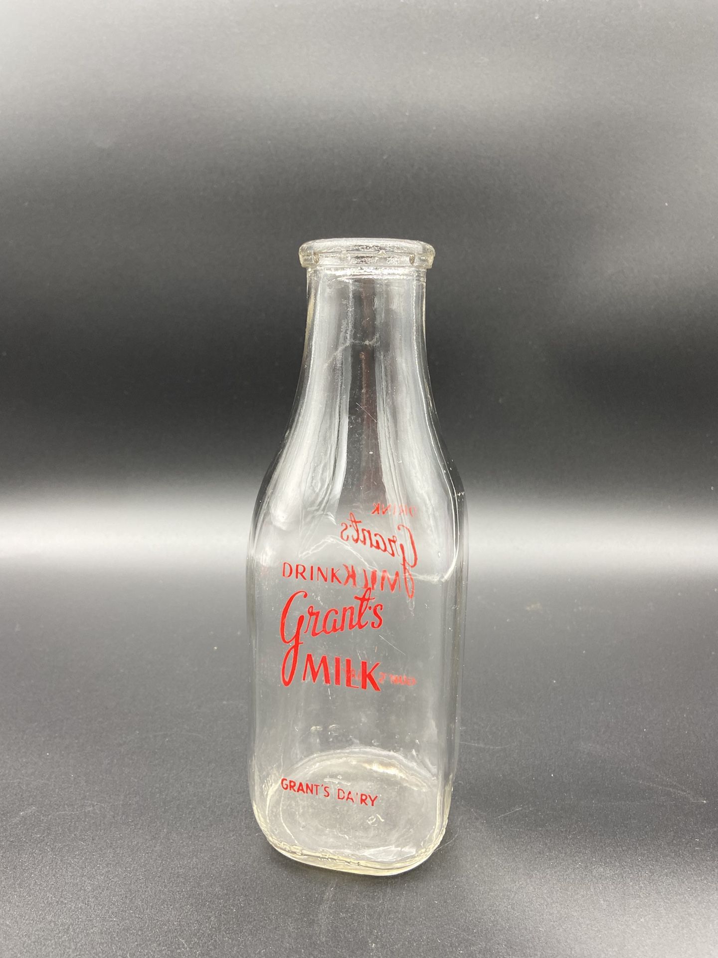 VINTAGE DRINK GRANTS MILK BOTTLE MAINE CLEAR GLASS 2 SIDED ONE QUART