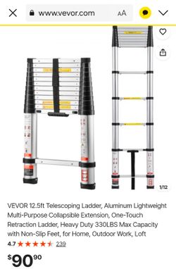 7/12
VEVOR 12.5ft Telescoping Ladder, Aluminum Lightweight Multi-Purpose Collapsible Extension, One-Touch Retraction Ladder, Heavy Duty 330LBS Max Cap