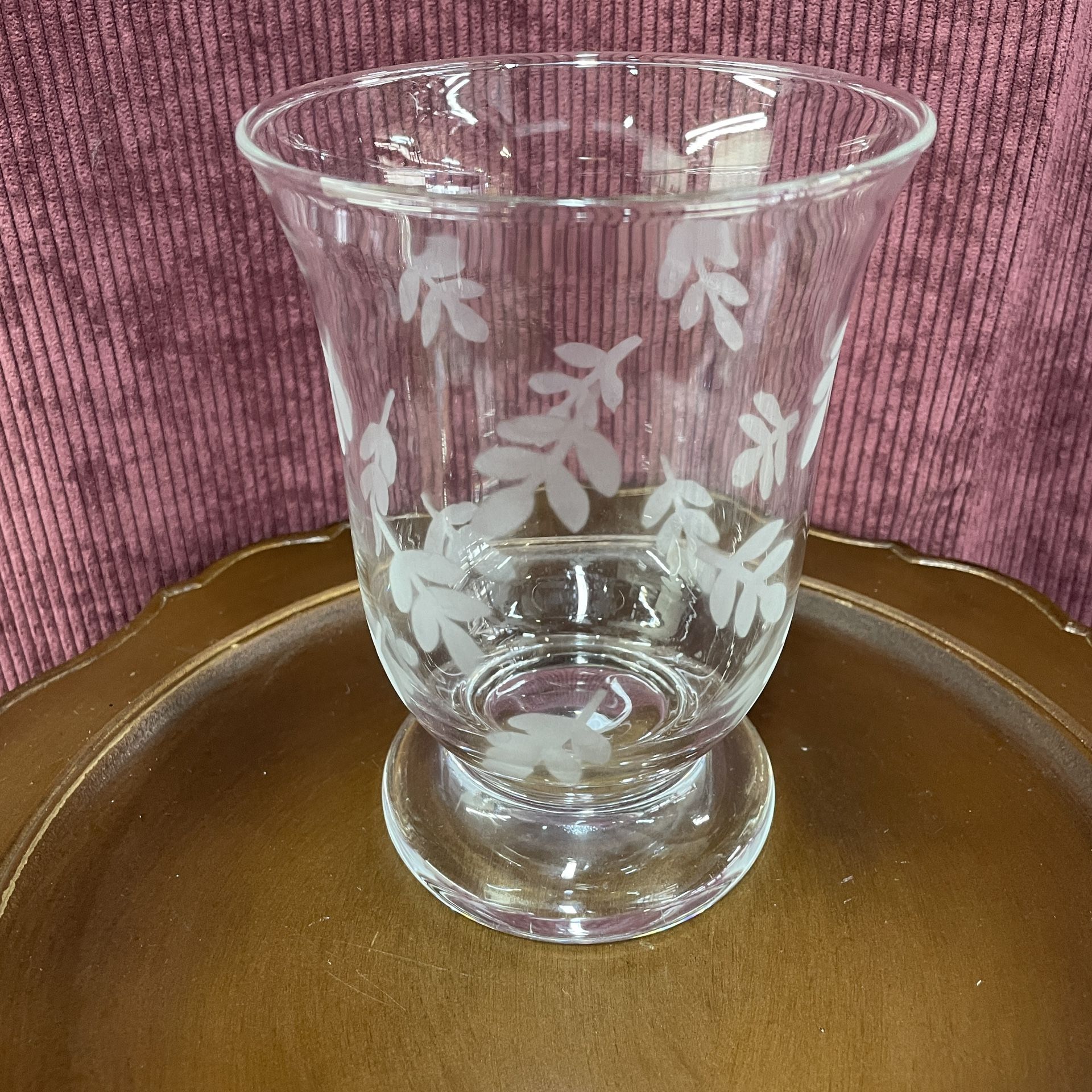 Glass Vase/Candle Holder with Etched Leaves