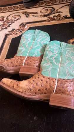 Ostrich Print Cowboy Boots Turquoise and Tan