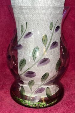 Hand Painted Amethyst Floral Clear Glass Pillar Candle Holder Vase 10” x 6” NEW!