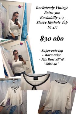 Rocksteady Vintage Retro 50s Rockabilly 3/4 Sleeve Keyhole Top Sz 4X