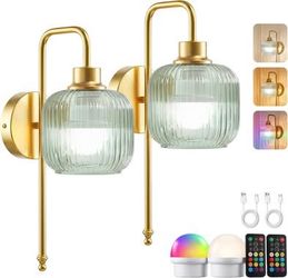Cordless Wall Sconces Set of 2, Rechargeable Light with Glass Shade Remote Control RGB Dimmable