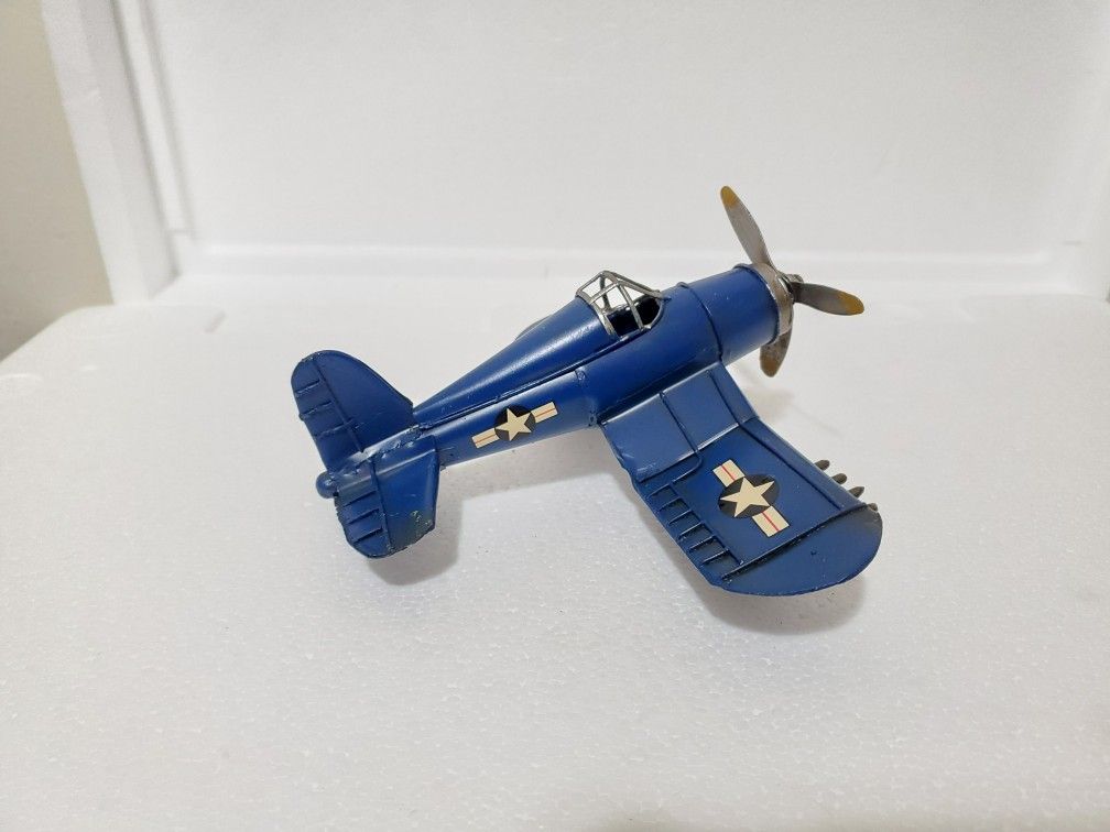 Vintage Metal Model Airplane Blue WWII Fighter Plane Decorative Collectible