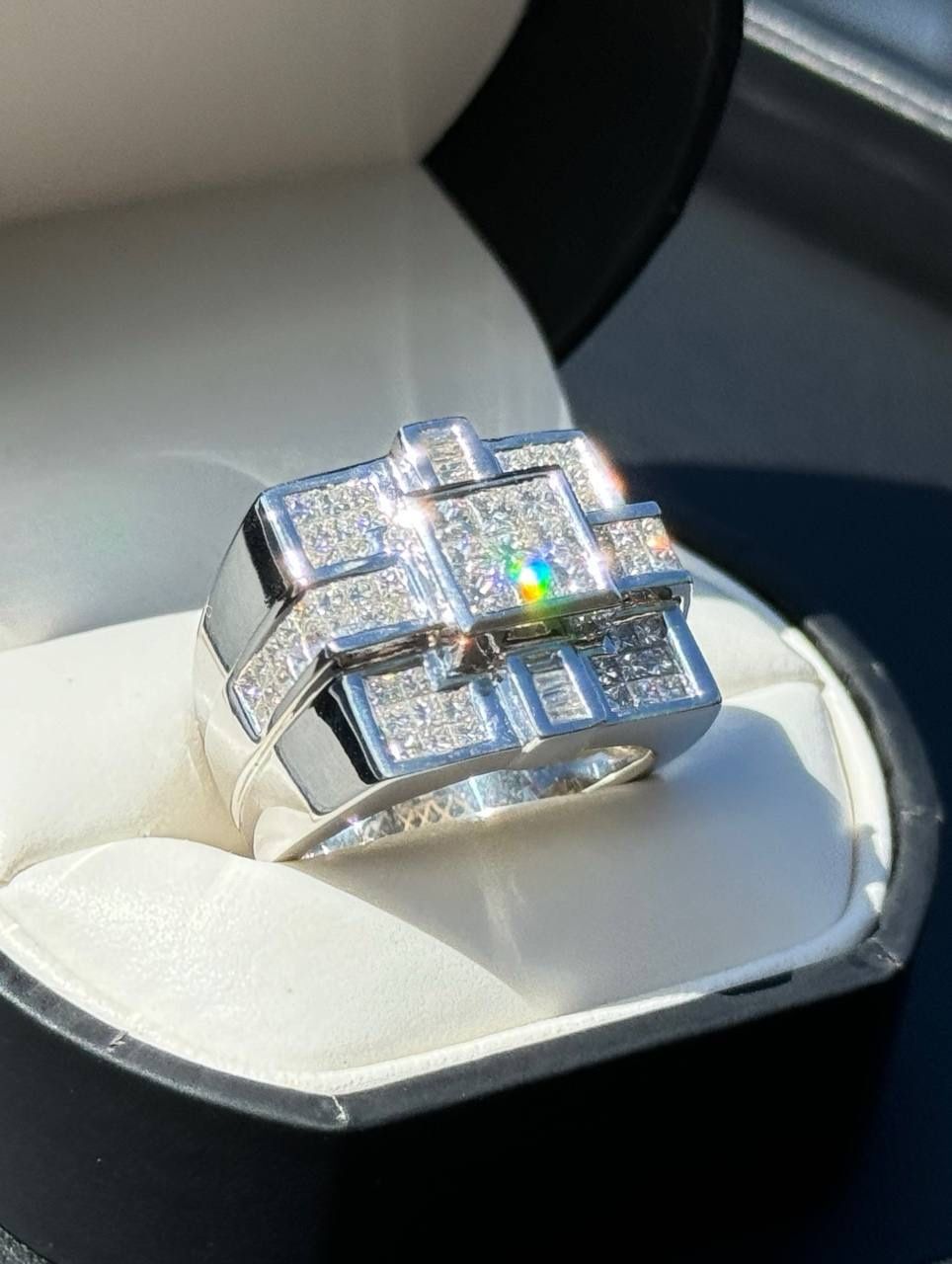 14k solid white gold princess cut and baguette 3.5CTW diamond square cross men’s fashion ring sz 8.5