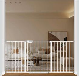 WAOWAO Triple Lock 49.21-66.54" Baby Gate Extra Wide Pressure Mounted Walk Through Swing Auto Close Safety White Metal Dog Pet Puppy for Stairs,Doorwa