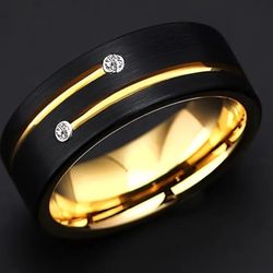 Men's 8mm Tungsten Brushed Black Gold Grooved CZ Comfort-Fit Engagement Wedding Band 12