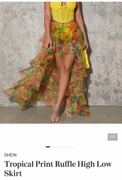 Tropical Print Ruffle High Low Skirt