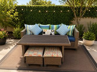 Outdoor Wicker Patio Dining Set + Rug & Cover