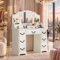 White Farmhouse Makeup Vanity with Lights.