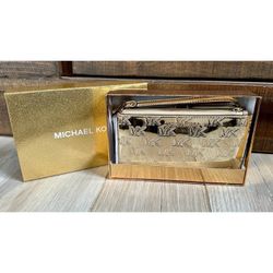 NEW ~ Michael Kors Boxed Gold Monogram Mirror Adele Double Zip Phone Wallet NWT