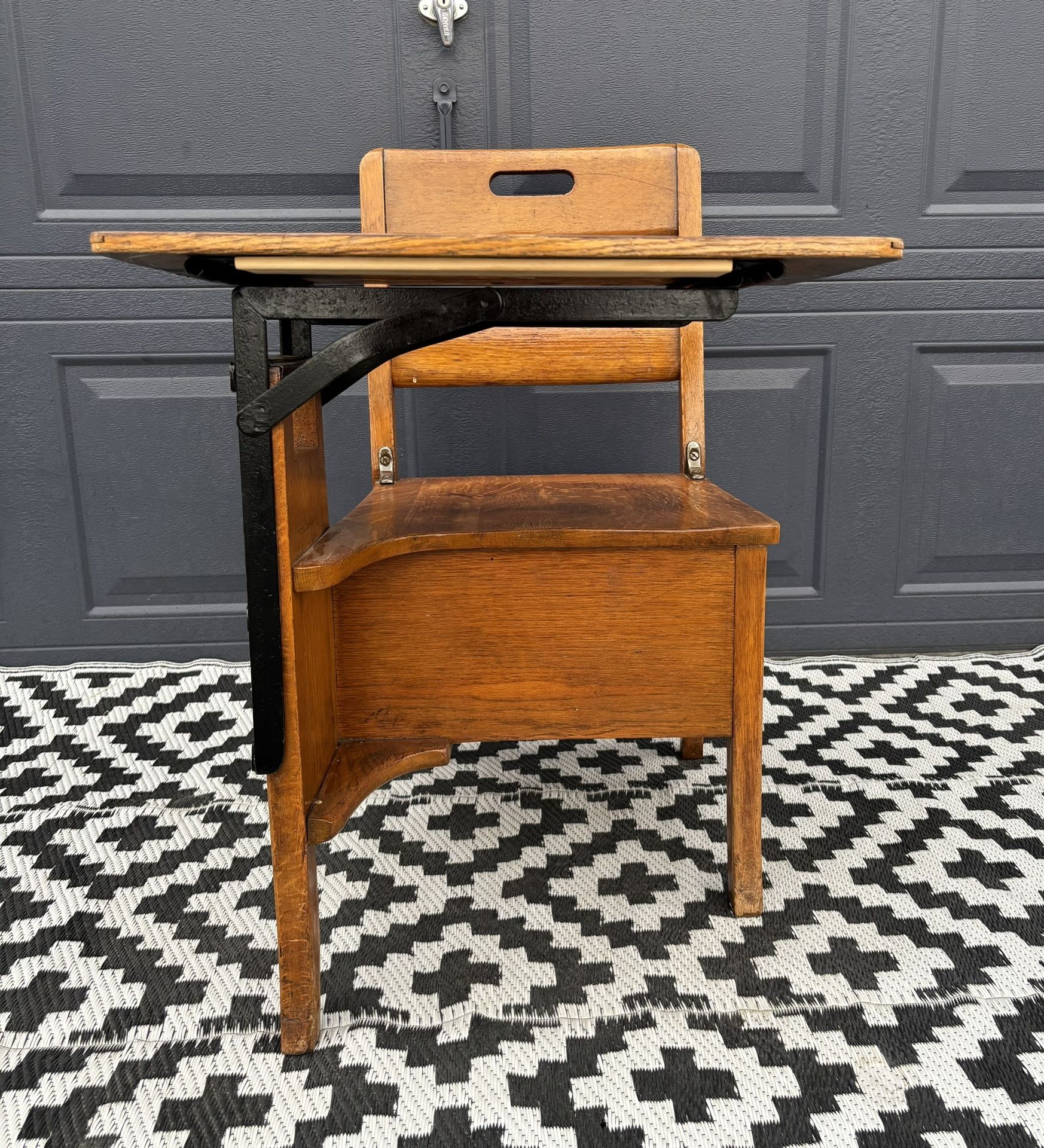 Antique Oak & Wrought Iron Childs School Desk, Chair and Drawer (circa 1900) "Moulthrop" by Langslow