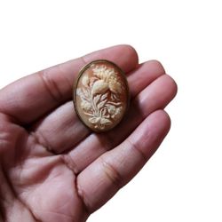 Vintage 1940s .800 Silver Gold Toned Carved Floral Agate Cameo Brooch Pendant